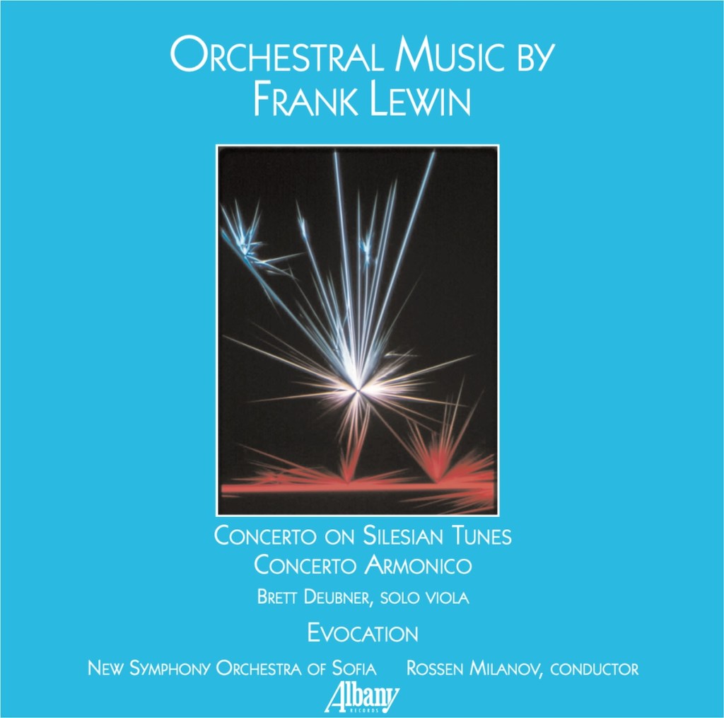 Orchestral Music by Frank Lewin album art depicts an ornate, starburst line and color pattern.